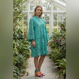 J. MARIE Seraphina Dress Teal Floral 3D Lace Small NWT Boho Retro 60s Vibes